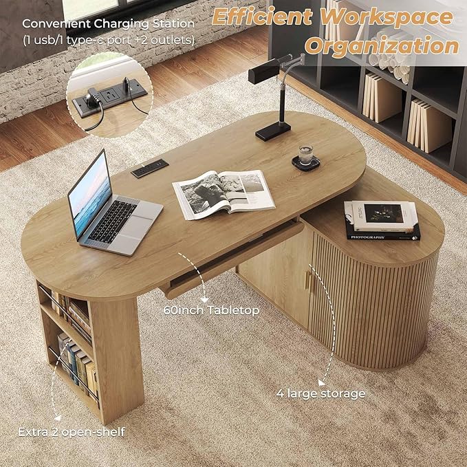 HSH Office L Shaped Computer Desk Large Reversible L Desks with Storage Cabinet and Keyboard Tray Home Office Corner Executive Desk with Power Outlet for Study Workstation Oak 60 Inch