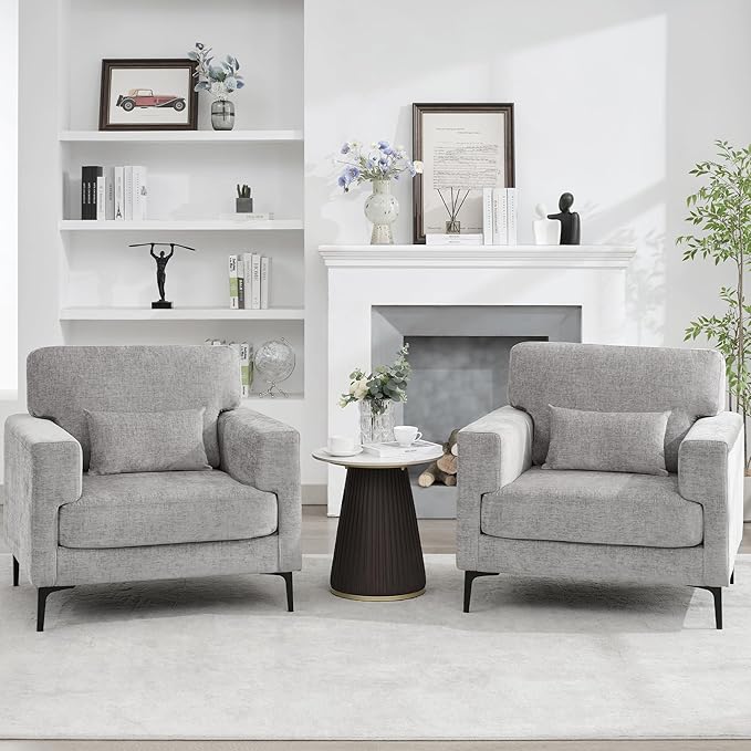 Oversized Accent Chairset of 2 with Metal LegsComfy Chenille Armchair and a HalfModern Century Single Sofa Extra Large Reading Club Chair for BedroomLiving RoomApartmentLight Grey