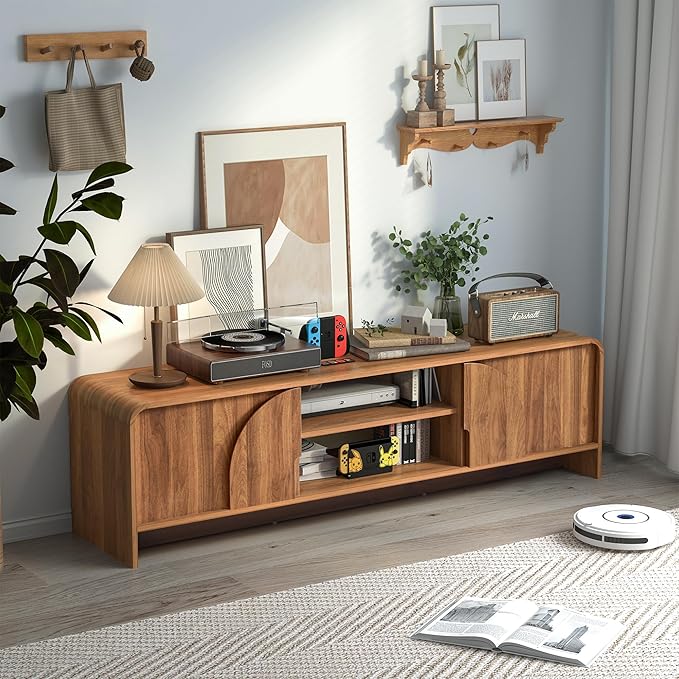 BERRYMERRY 63'' TV Stand for Up to 75 TVsMCM TV Console Table with Big Arched HandleTelevision Stands Entertainment Media Center with Sliding Door for Living Room Bedroom (Walnut)