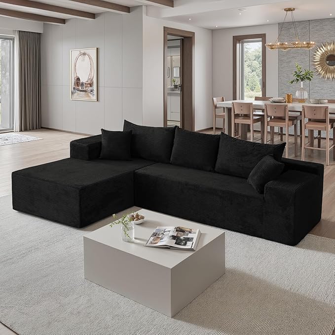 103 L Shaped Sectional Boneless Couch for Living Room Modern Modular Cloud Sofa with Left Facing Chaise Comfy Deep Seat Memory Foam Couch in Box No Assembly (1CM Wide Striped Corduroy Black)
