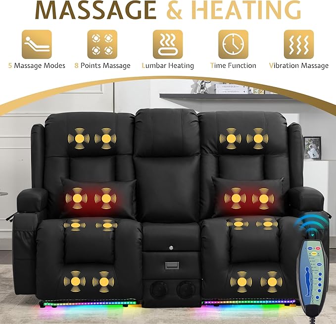 URRED Power Reclining Loveseat Sofa with Console RV Couch Loveseat Recliner Sofa with Massage &amp Heat LED Light Cupholders Bluetooth Speakers USB Charge Ports Outlets Faux Leather Black