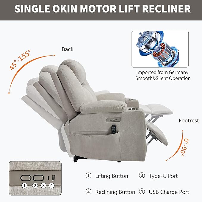 Chenille Electric Power Lift Recliner Chair Massage Single Sofa with Vibration Massage and Lumbar Heating Ergonomic Lounge Couch with Cup Holders and USB Charge Port for Living Room (Beige)