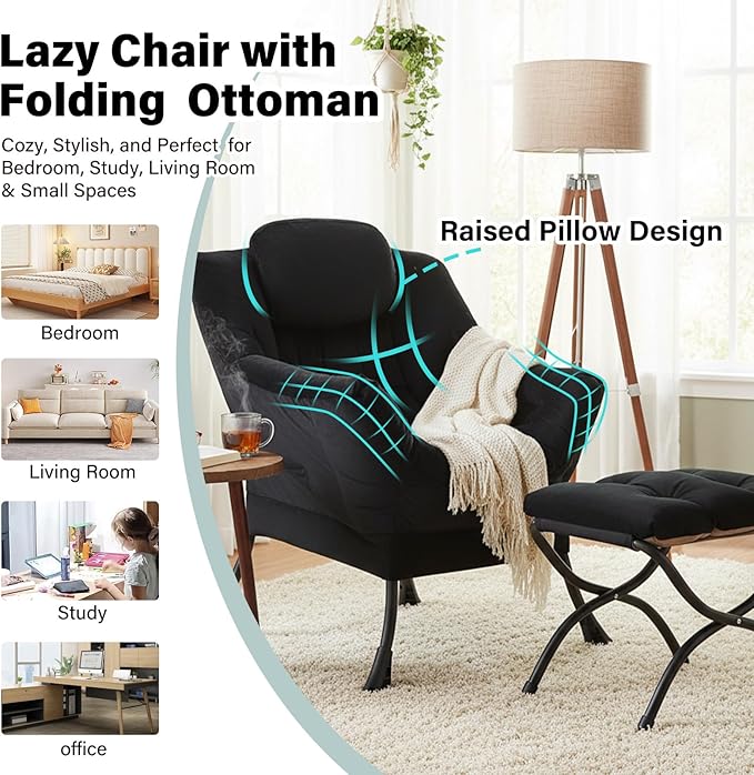 Lazy Chair with Ottoman Modern Accent Chair with Armrests and a Side Pocket Velvet Black Accent Chairs Reading Chairs Oversized Armchairs for Bedroom Study Living Room Courtyard