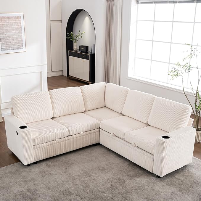 83 Modular Sectional Sleeper Sofa with Pull Out Bed Plush Corduroy L-Shaped Corner Couch with Storage USB Charger Cup Holders 5-Seater Sectional Couches for Living RoomApartment White