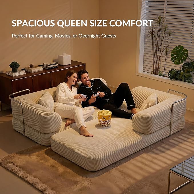 5-in-1 Convertible Sofa Bed Boneless Floor Couch Queen Size with Magic Pillow Blankets Zero-Assembly Sleeper Futon for Apartments Renters &amp Micro-Living Spaces Cream
