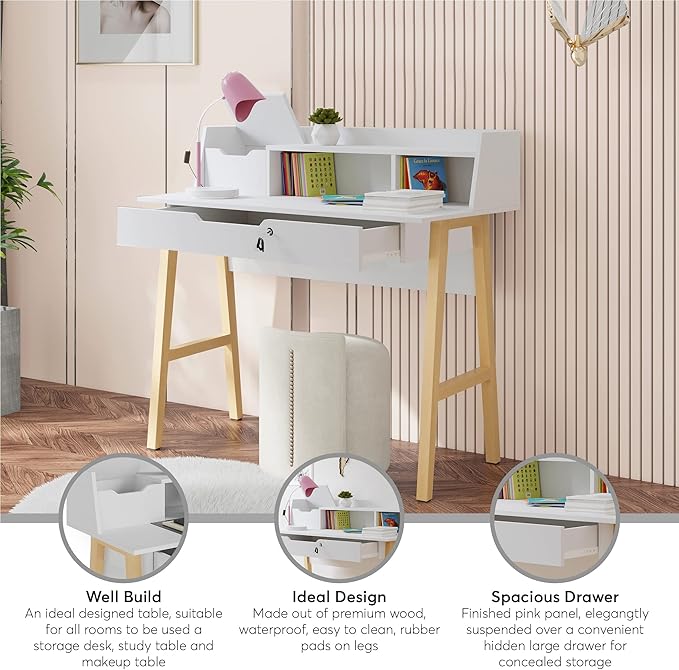 Modern Design Roma Small Desk for Bedroom 40 inch White Writing Desk with Hutch and Locking Drawer by Crafts and Comfort