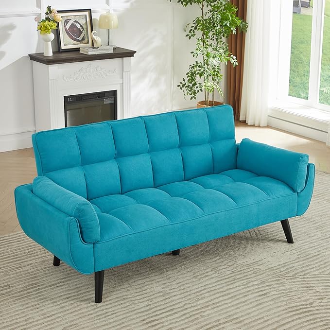 Sofa Couch for Living Room 74.8 Linen Tufted Modern Comfy Couch with Pillow-Top Armrest 3 Seater Upholstered Sofa for Small Spaces Office Apartment Blue