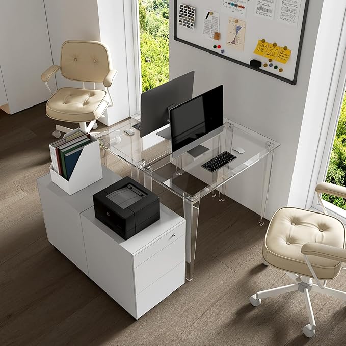 HMYHUM Small Acrylic Computer Desk 35.4 Inch Clear Study Desk for Home Office Writing Vanity Modern Easy Assembly 19.7 W x 29.5 H Right-Angle Legs Design