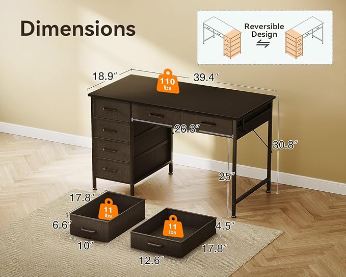 ODK Computer Desk with 6 Drawers 40 Inch Small Desk with Storage Reversible Desk with Headphone Hook for Home Office Work Study Table for Bedroom Black