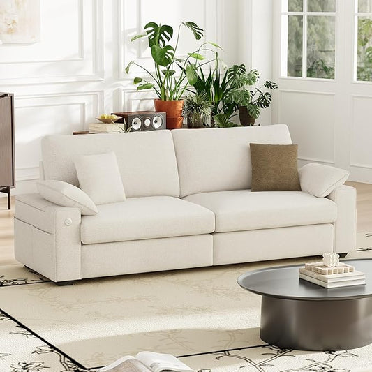 89 Loveseat Sofa Cloud Foam Couch 3 Seater Upholstered Midcentury Mondern Love Seat with USB Type C Ports 4 Pillows and Storage Armrest for Living Room/Small Spaces Beige | Breathable material