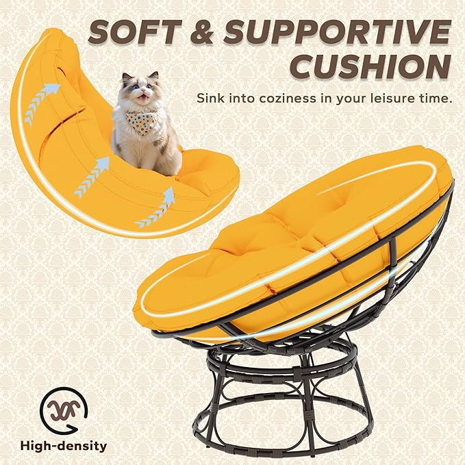 46'' Large Size Papasan Chair (Non-Swivel) with Cushion and Frame Overstuffed Thickened Lazy Chair Mustard Yellow