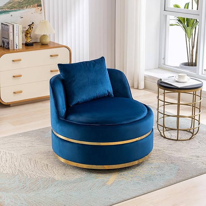 Swivel Accent ChairBedroom Barrel Chairs with Seat CushionModern 360° Velvet Fabric Circle Chair with Sturdy Frame and Stainless Steel Base for Living Room(Blue)