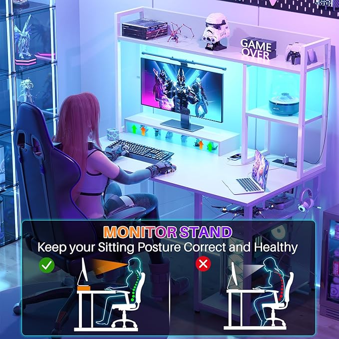 Cyclysio Gaming Desk with Hutch 39'' Computer Desk with LED Lights &amp Power Outlets Home Office Desk with Reversible 5 Tiers Storage Shelves &amp Monitor Stand Small Gaming Table for Small Spac
