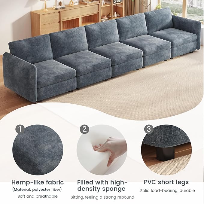 Guyii 5 Seats Modern Straight Couch Modular Sectional Sofa 5 Seater Deep Seat Sofa for Living Room Bedroom Apartment Office Blue