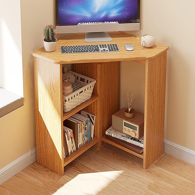 Corner Home Office Desk with Storage Shelves Triangular Computer Desk Workstation Makeup Vanity Desk with Spacious Desktop Space Saving Gaming Table for Study(57x57x74cm(22x22x29) Wood)