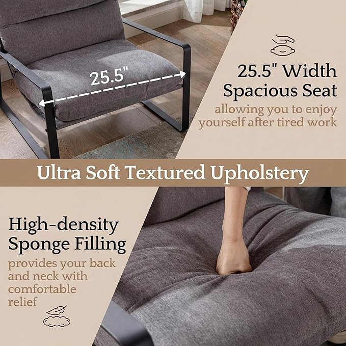 LukeAlon Modern Linen Accent Armchair Upholstered Living Room Chair with Metal Base Thickened Cushion Single Sofa Chair Comfy Lounge Chair for Bedroom Living Room Grey