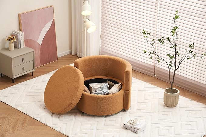 Fabric Swivel and Storage Chair with Back Cushion for Living RoomKhaki