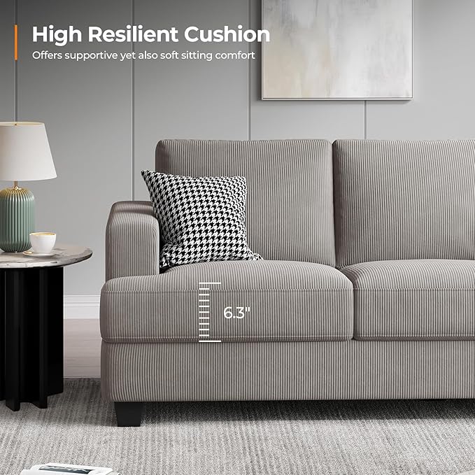 89 Inch Sofa with Extra Deep Seats Oversize 3 Seater Sofa for Living Room Modern Couch and Sofa Comfy Armrests and Seats and Backrests Easy Installation Corduroy Fabric Light Grey