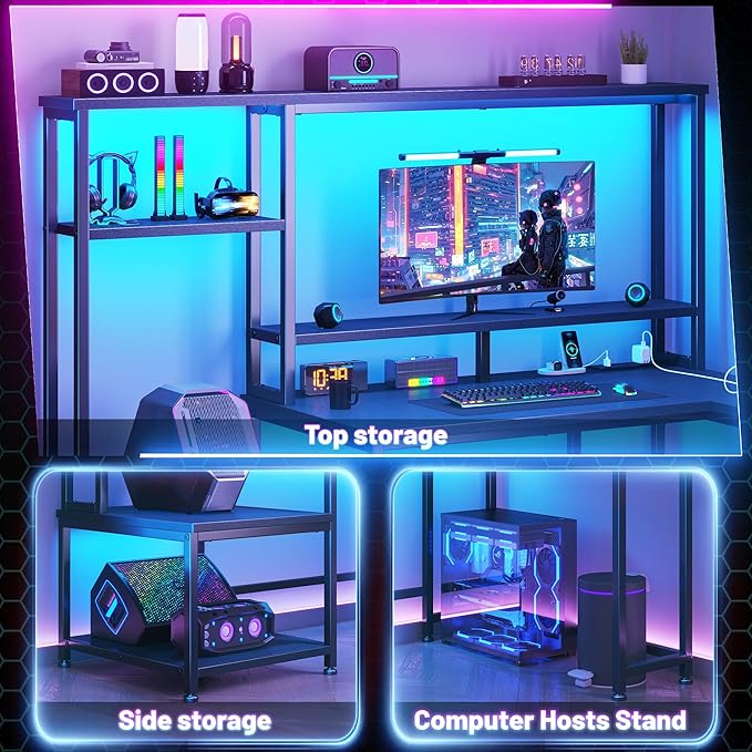 Gaming Desk with LED Lights &amp Outlets55 L Shaped Computer Desk with Shelves &amp Storage HutchReversible Corner Gaming Table with Printer Space &amp Monitor Stand for Home OfficeBlack