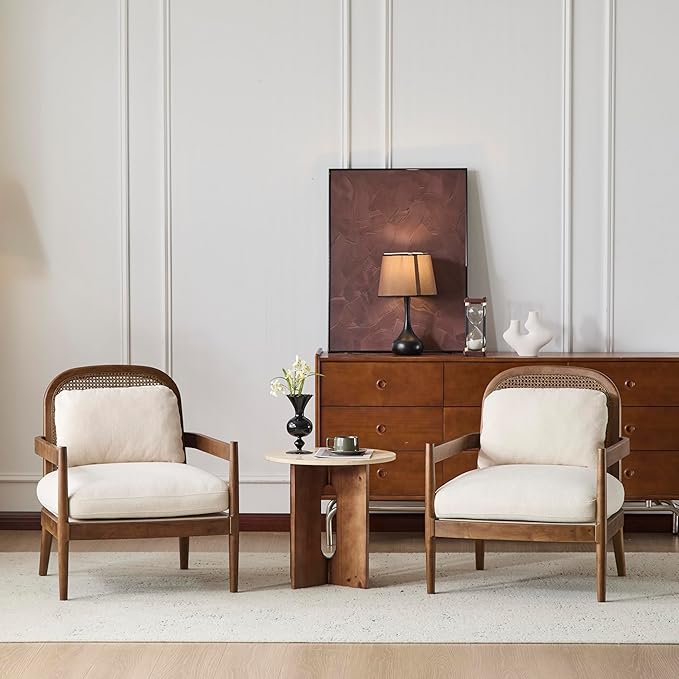 Christopher Knight Home Nadine Modern Club Chair Set of 2 with Cushion Wooden Living Room Accent Chair with Rattan Open Back Bedroom Comfy Reading Chair Beige+Light Brown