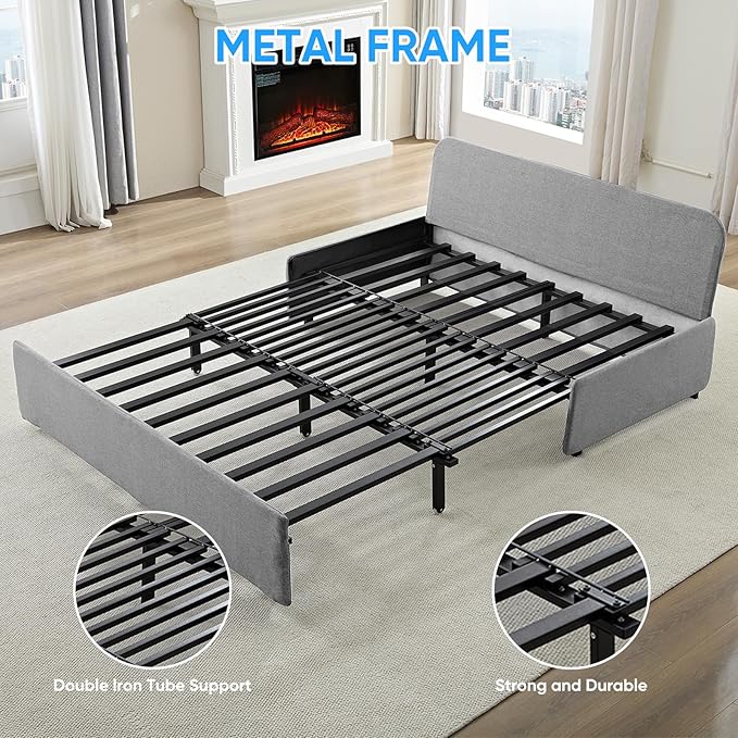 PUREMIND Queen Size Pull Out Sleeper Sofa Bed Linen Convertible Sofa Bed with Foldable Mattress Loveseat Couch Pull Out Bed with 2 Cushions for Small Place Apartment Office Light Grey