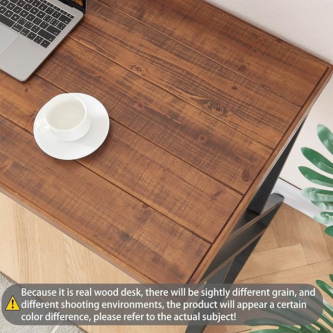 Solid Wood Computer Desk Modern Real Wood Home Office Desk Long Rustic Farmhouse Natural Wood Writing Desk Executive Workstation PC Desk Table for Living Room Bedroom Brown 55 inch