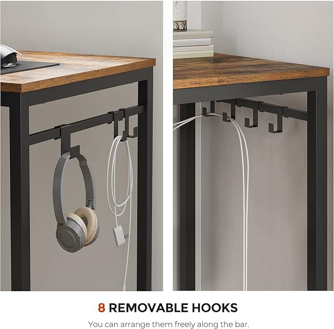 VASAGLE Computer Desk Office Desk with 8 Hooks for Study Home Office Easy Assembly Industrial Design 47.2 x 23.6 x 29.5 Inches Rustic Brown ULWD58X