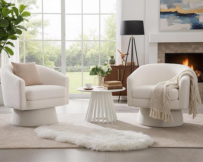 HNY Modern Swivel Accent Chairs Set of 1 White Boucle Upholstered Barrel Chairs Cozy Vanity Arm Chairs with Back Comfy Sherpa Round Lounge Reading Armchair Club Side Chairs for Living Room Bedroom