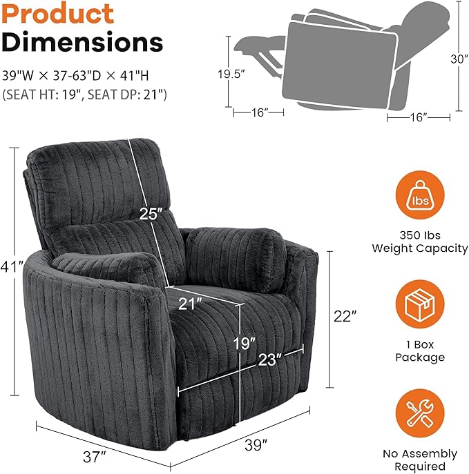 leovanni Power Swivel Rocker Recliner Chair Upholstered Nursery Glider Rocking Chair with 2 Pillows USB Ports Electric Nursing Reclining Chairs Bedroom Living Room Dark Gray