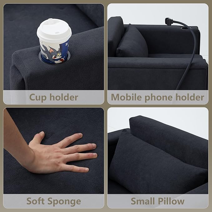 ORRD Pull Out Sofa Chair Bed 2-in-1 Multi-Functional Sleeper Couch Small Loveseat Bed with Hidden Side Table Phone Holder and Cup Holder for Living Room Small Space Apartment (Black)