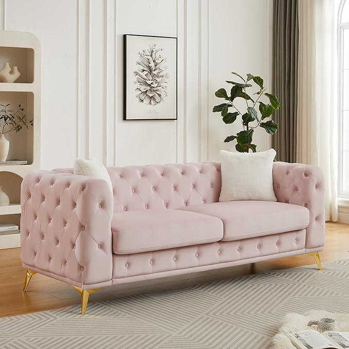 82.5'' Velvet Chesterfield Sofa Button Tufted Upholstered Sofa Couches with 2 Pillows Golden Metal Feets Removable Thick Cushions Comfy Chesterfield Couches for Living Room Apartment Pink