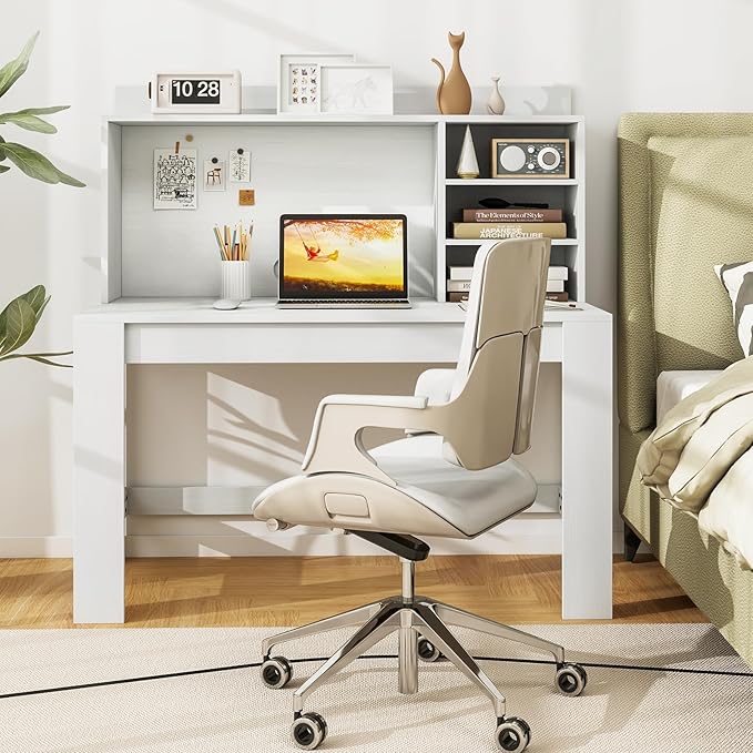 Tangkula 48“ Computer Desk with Hutch Home Office Writing Study Desk with Storage Shelves Cable Management Hole Laptop Desk Desk for Bedroom Computer Workstation (White)