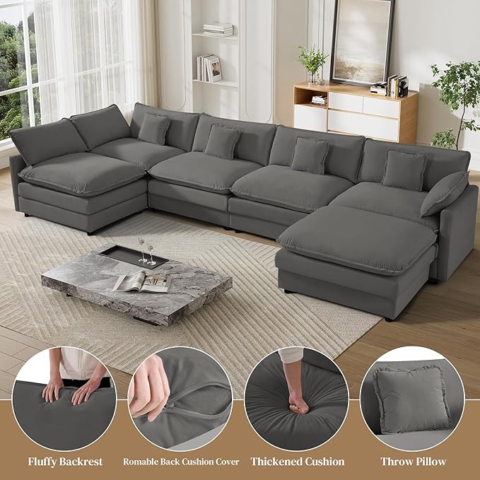 Cloud Couch Sectional Modular Sofa 150.4 Oversized U Shape Comfy Sectional Couches for Living Room 7 Seat Modern Chenille Deep Seat Cloud Sofa with Moveable Ottoman Grey