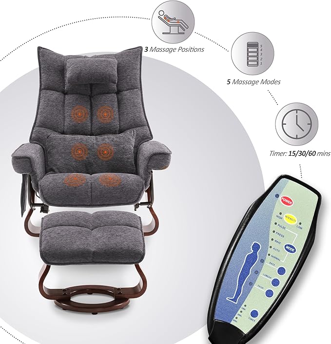 MCombo Swivel Recliner with Ottoman TV Chair Sets with Vibration Massage Ideal for Small Space Living Room &amp Bedroom 4188 (Grey)