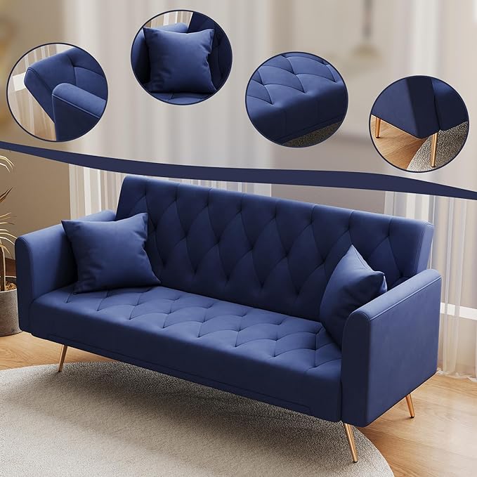 Anwick 72 Modern Velvet Sofa Bed FutonConvertible Folding Sleeper Bed Couches with 3 Adjustable BackrestsTufted Recliner Loveseat with Golden Chrome Legs for Small Living Room Office (Blue)