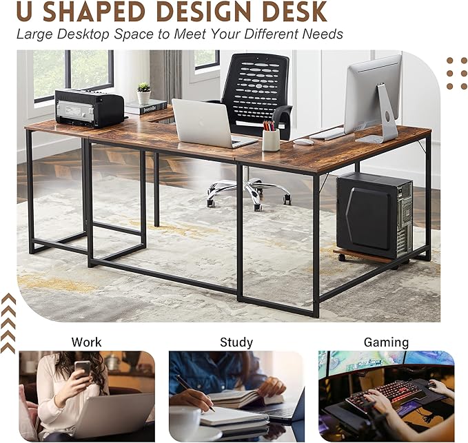 U-Shaped Computer Desk Industrial Corner Writing Desk with CPU Stand Gaming Table Workstation Desk for Home Office (Brown) (Old SKU: WF198675AAT)
