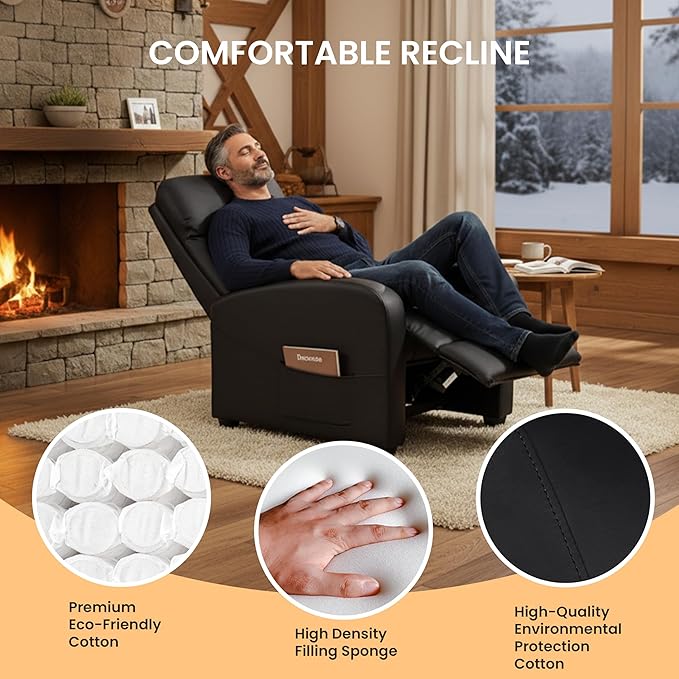 HealSmart Push-Back Reclining Chair Adjustable PU Leather Lounge Seat Comfortable Single Seater for Living Room Bedroom &amp Home Theater Black