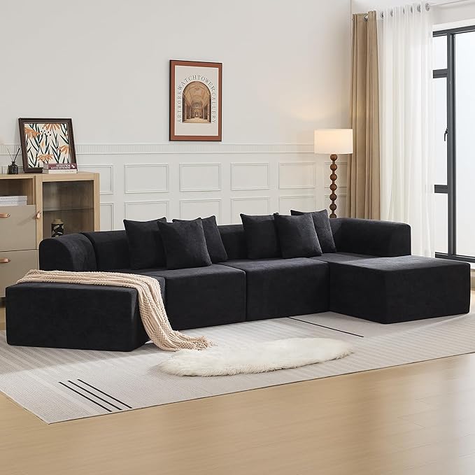140''Oversized Cloud Velvet Curved Sectional Couch Boneless Couch with L-Shape Chaise Upholstered Compression Memory Foam Modular Sectional Sofa for Living Room No Assembly Required Black