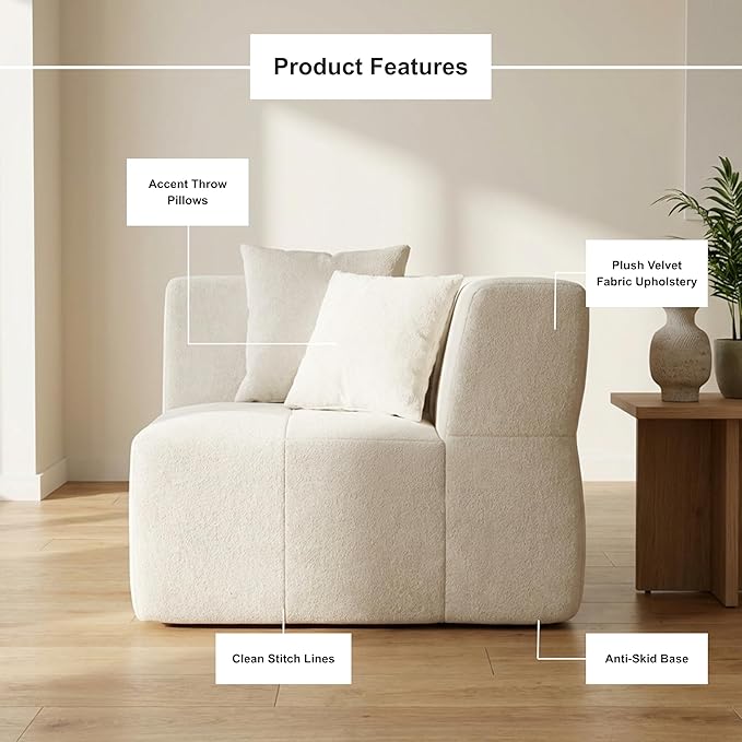 · REDEARTH · Left Armchair Velvet Sectional Sofa No-Assembly Compressed Couch in a Box Firm Support Boneless Modular System in Plush Velvet for Living Room (1-Seater) Cream