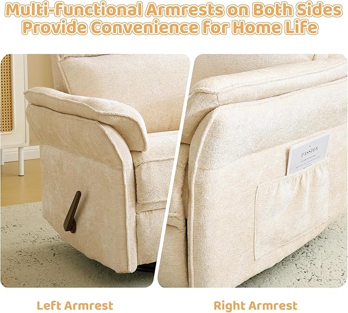 Oversized Rocking Chair Nursery with Adjustable Headrest 26 Wide Swivel Rocker Recliner Nuresry Chair with Overstuffed ArmrestManual Rocker Recliner for NurseryBeige