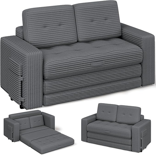 Convertible Boneless Sofa Bed 2 in 1 Pull Out Loveseat Sleeper Sofabed Folding Couch Bed with Pillows for Living Room Bedroom Small Space Grey
