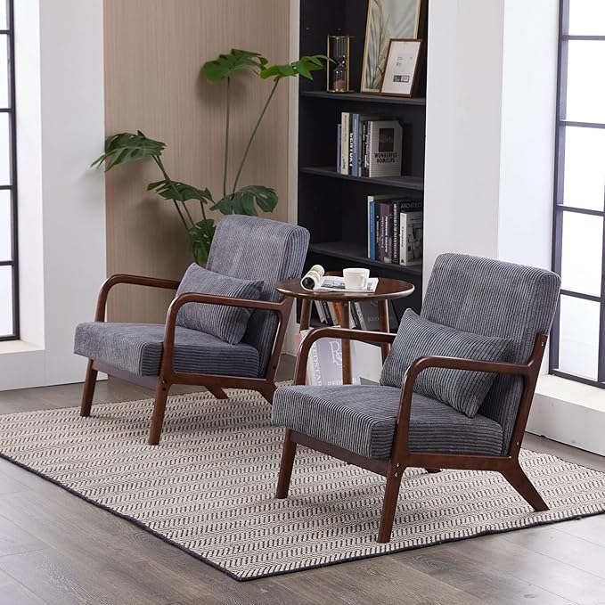 Mid Century Modern Accent Chair with Waist CushionComfy Upholstered Lounge Chair Ergonomic Reading Chair with Solid Rubberwood Frame for Living Room Bedroom (Antique Dark Grey+Brown)