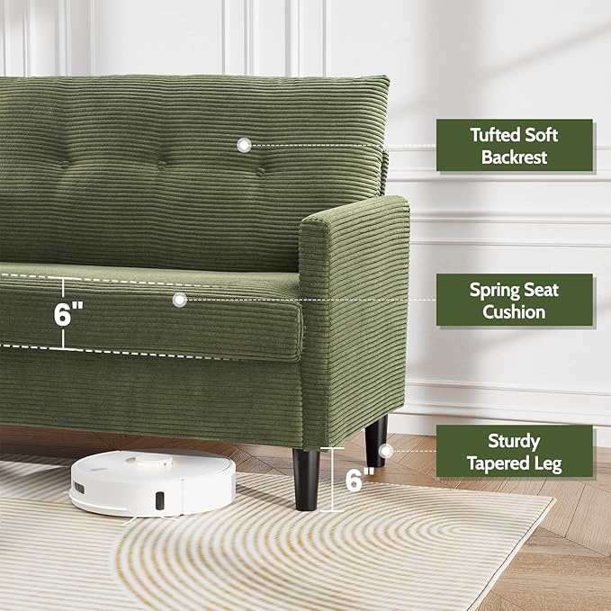 WEUP 50 Small Loveseat Sofa Small Couch for Living Room Bedroom Office Green Corduroy Comfy Love Seat with Spring Cushion Solid Wood Frame Tool-Free Assembly Green Corduroy