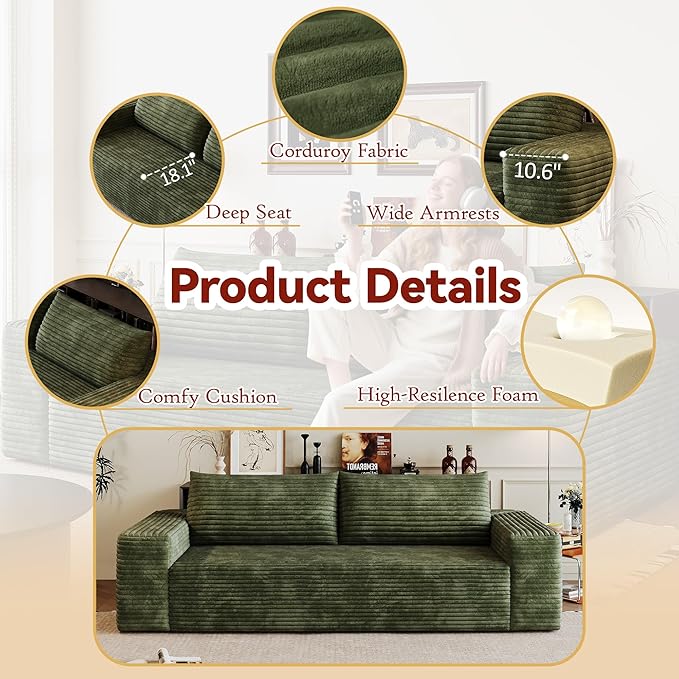 71 W Corduroy Boneless Couch 3-Seater Compression Sofa with Deep Seat No Assembly Required Comfy Loveseat Sofa with 2 Pillows Sofa Couches for Living Room/Apartment (Green 71 inch) | Breathable