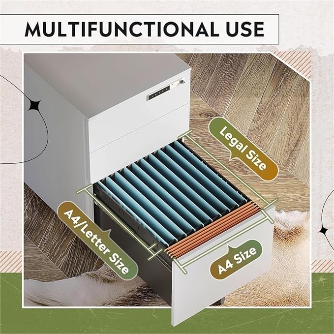 Mobile File Cabinet 3 Drawer File Cabinet W/Combination LockFully Assembled Metal Filling Cabinet Except Wheels Mobile Under File Cabinets(White)