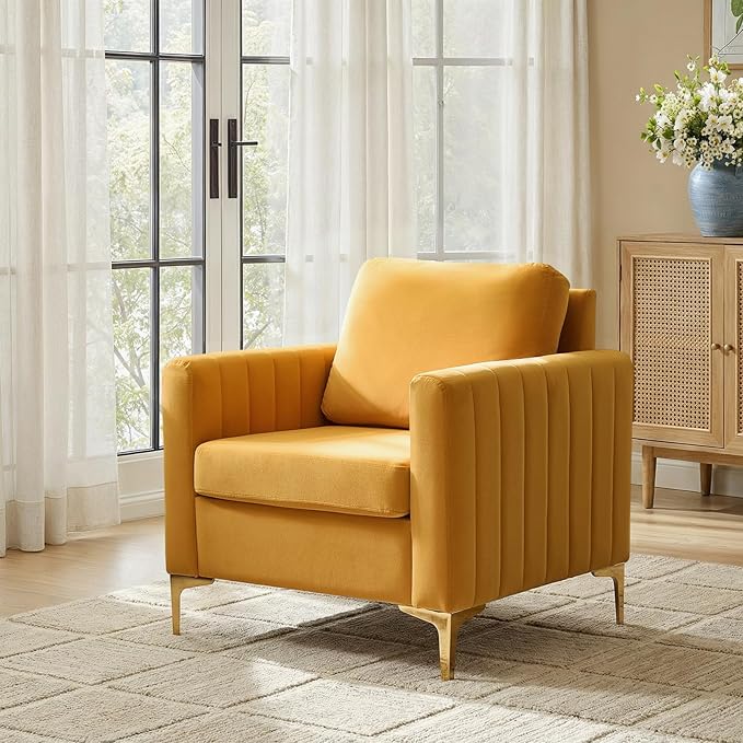 Modern Upholstered Velvet Accent Chair Velvet Armchair Club Chair with Gold Metal Legs Mid-Century Barrel Leisure Comfy Reading Chair for Livingroom Bedroom