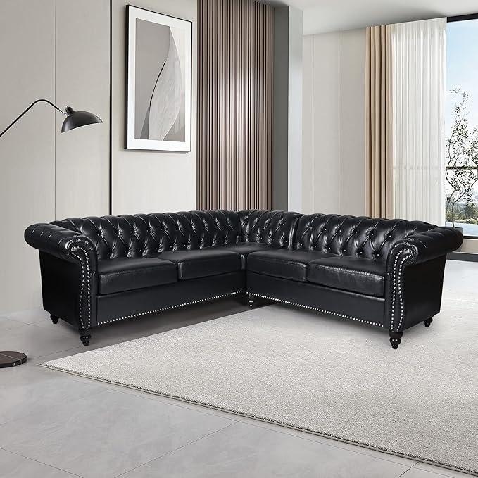 ORRD L Shaped Small Sectional Sofa Chesterfield Leather Couch Tufted Accent Sofa with Scroll Arms and Nailhead for Living Room Office