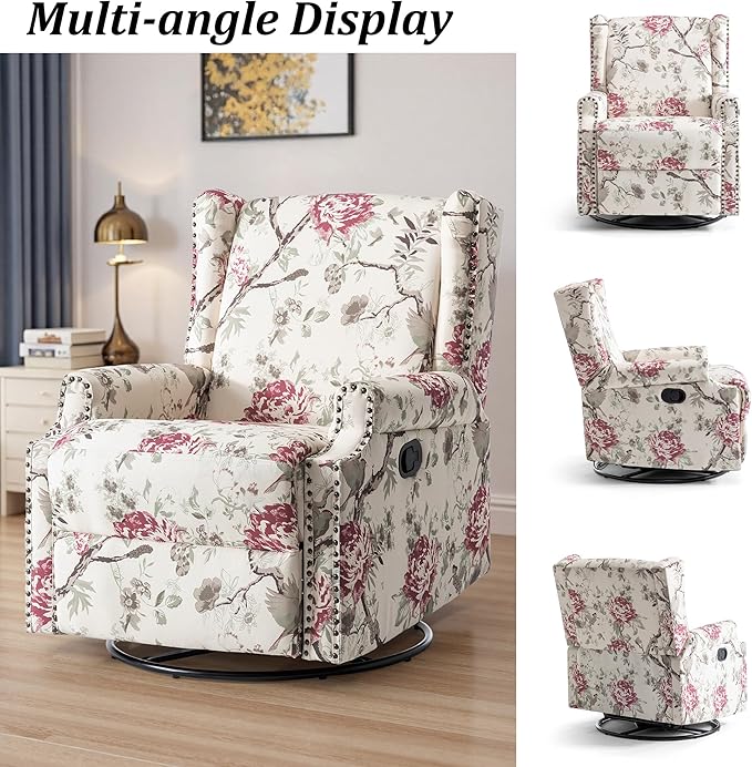 Swivel Rocker Recliner Chair Manual Nursery Glider Recliner Floral Fabric Wingback Accent Chair with Adjustable Backrest &amp Footrest for Small Spaces Living Room Bedroom (Plants Floral Set of 2)