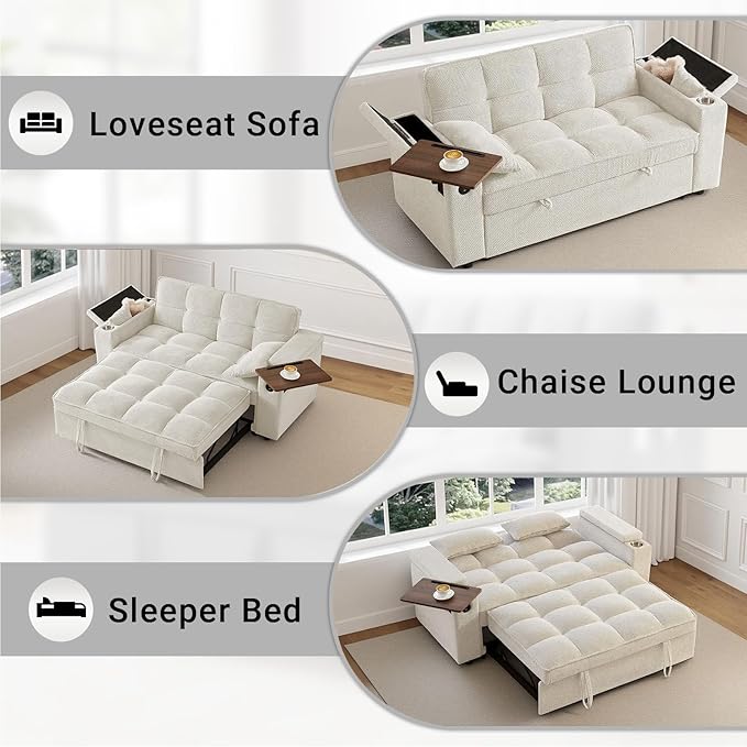 65'' 3-in-1 Sleeper Sofa Bed Convertible Loveseat with Pull-Out Couch USB &amp Type-C Ports Side Table Adjustable Backrest &amp Boucle Fabric Upholstery for Living Room &amp Office White