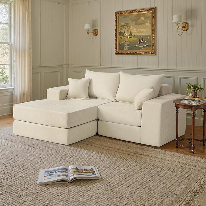 Modular Convertible Loveseat Sleeper Sofa Bed Chenille Upholstered Sectional Boneless Couch for Living Room L Shaped Foam Cloud Couch in Box Customizable Floor Sofa Bed (No Assembly Beige)